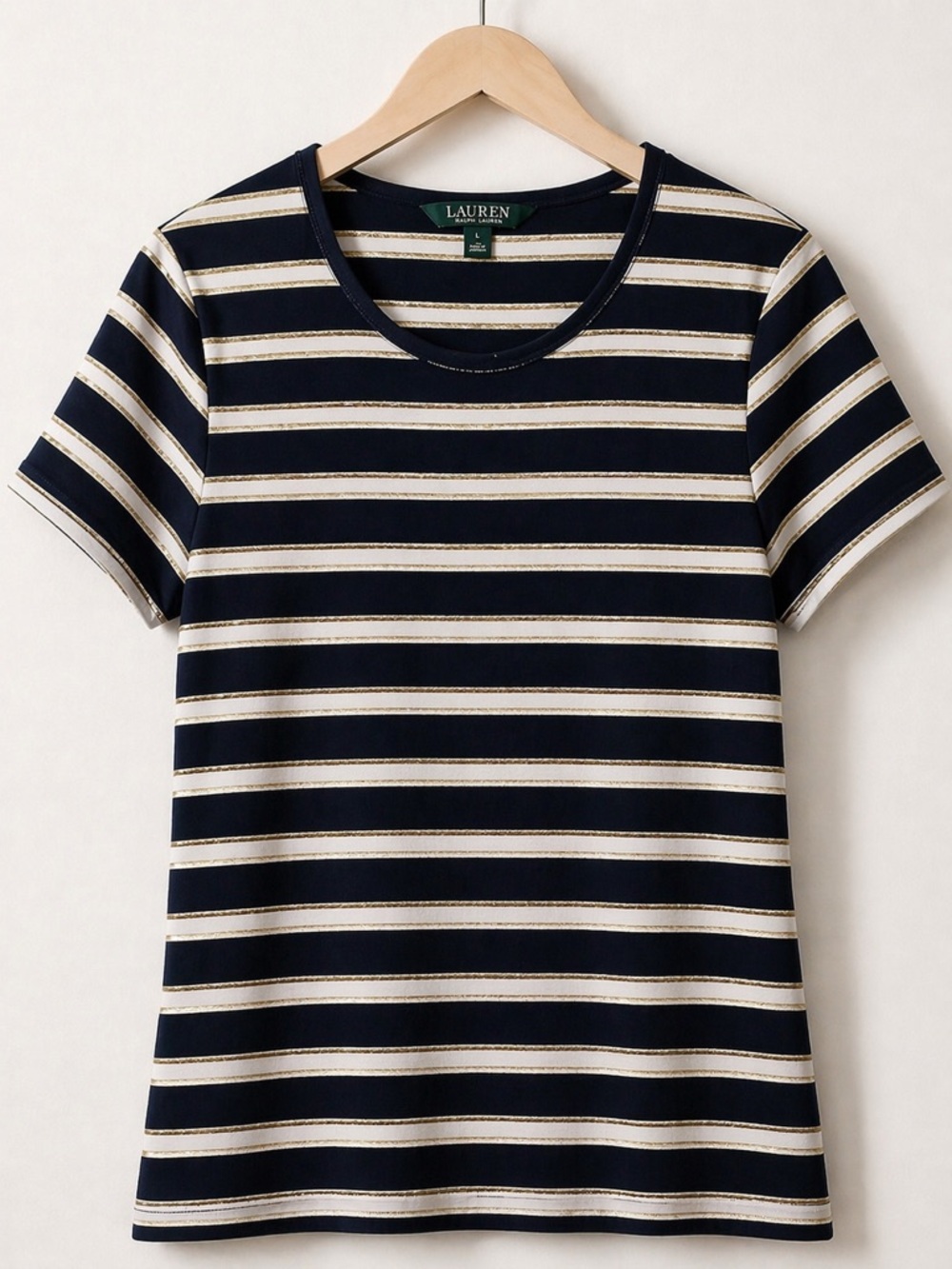LAUREN Ralph Lauren Navy, White & Gold Striped Short Sleeve Tee